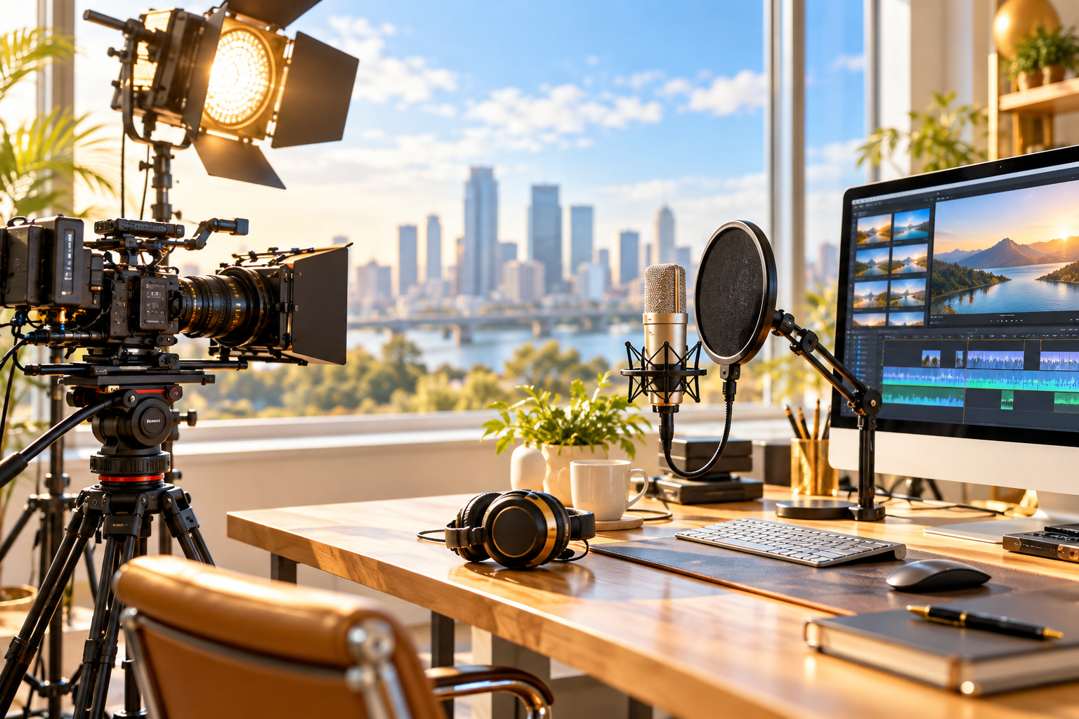Illustrative production studio with camera, lighting, microphone and editing equipment